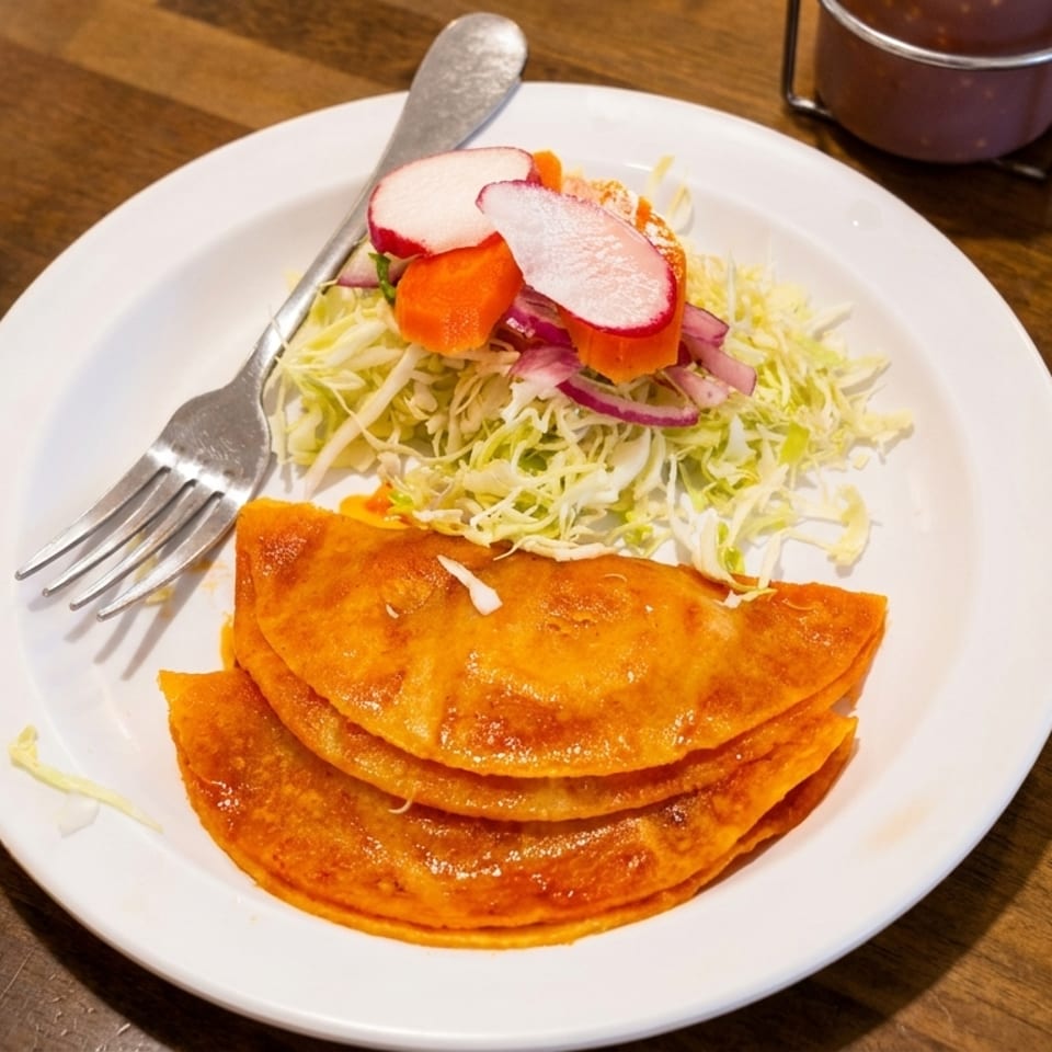 Three golden-brown quesadillas with a side of shredded cabbage, radish, and carrots on a white plate.