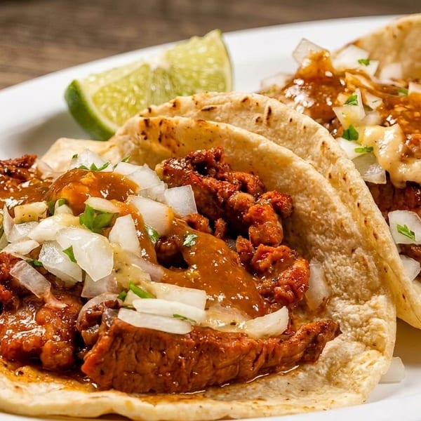 Two delicious tacos with meat, onions, cilantro, and sauce, served with a lime wedge.