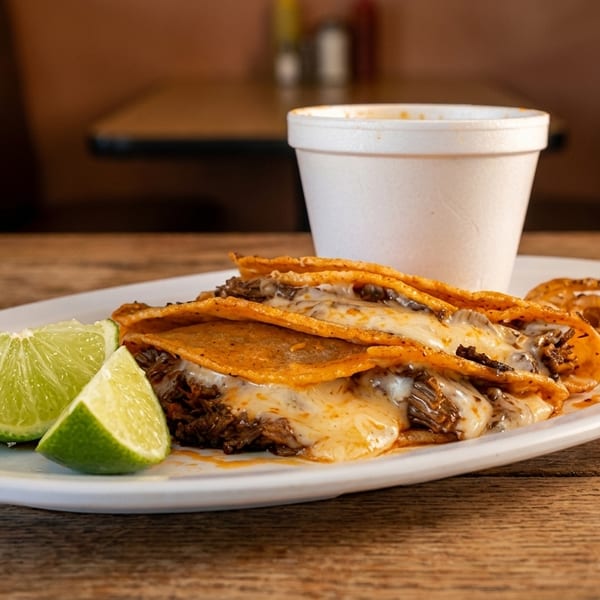 Three cheesy birria tacos with lime wedges and a cup of consommé on a white plate.