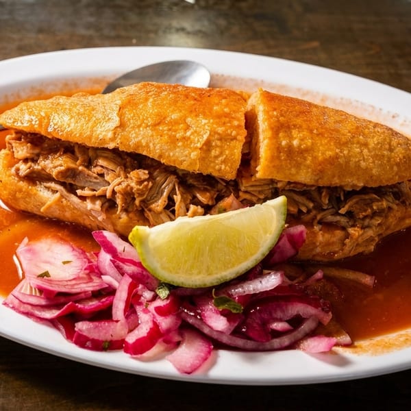 A torta ahogada, a Mexican drowned sandwich, with shredded pork, red sauce, pickled onions, and lime.