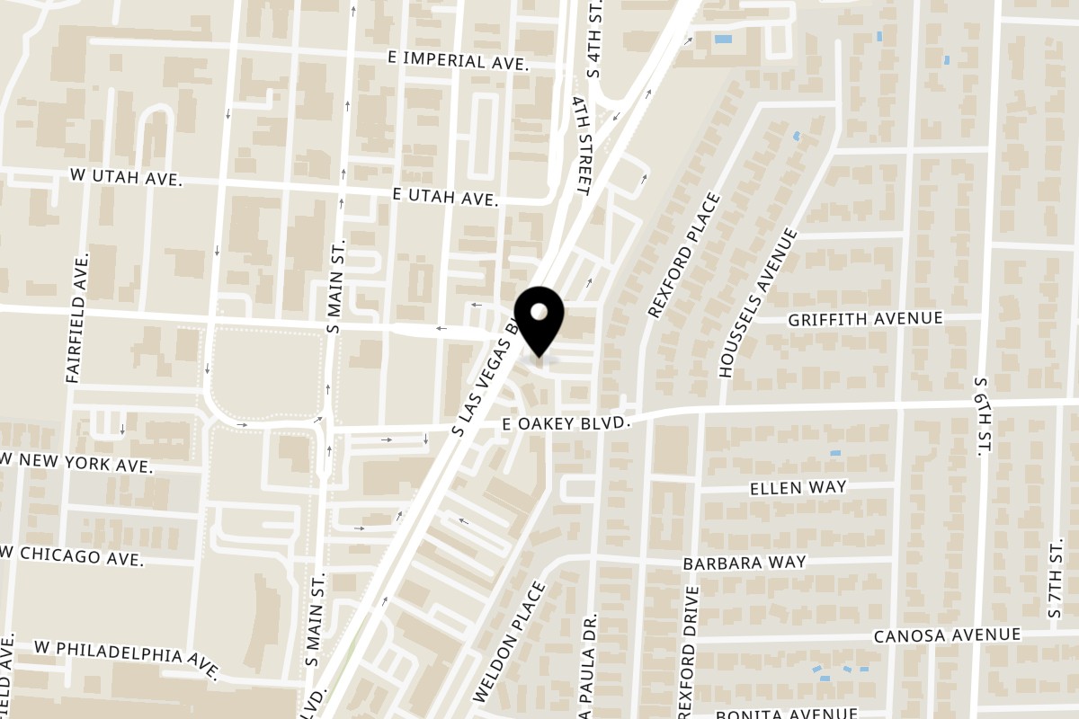 Map showing the location of Carnitas y Tortas Ahogadas Guadalajara Las Vegas Blvd on 1601 S Las Vegas Blvd in Las Vegas